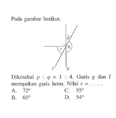 Pada gambar berikut.Diketahui p:q=1:4. Garis g dan l merupakan garis lurus. Nilai r=... .