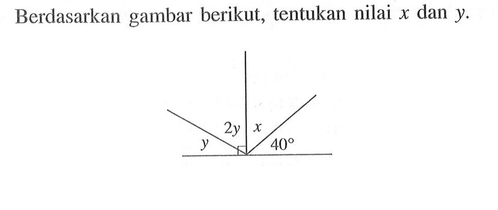 Berdasarkan gambar berikut, tentukan nilai x dan y. y 2y x 40