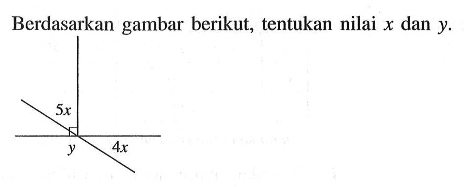 Berdasarkan gambar berikut, tentukan nilai x dan y. 5x y 4x