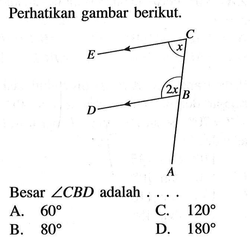 Perhatikan gambar berikut. x 2x Besar sudut CBD adalah ....A. 60 
B. 80 
C. 120 
D. 180