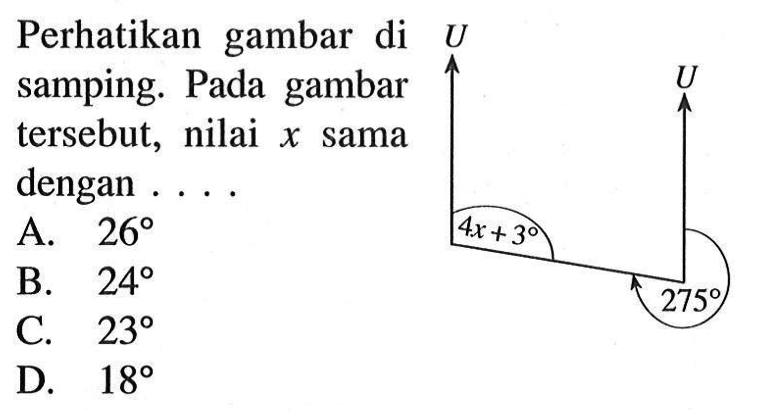 Perhatikan gambar di samping. Pada gambar tersebut, nilai x sama dengan .... U U 4x+3 275 A. 26 B. 24 C. 23 D. 18