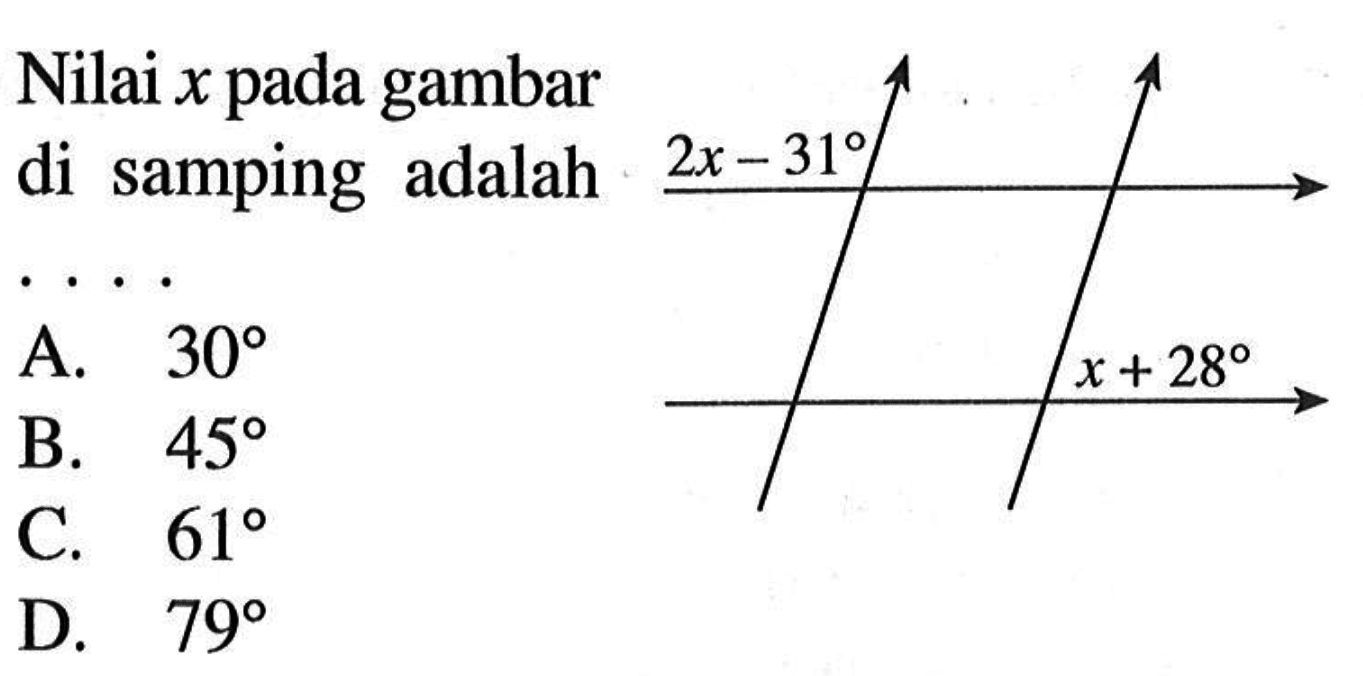 Nilai  x  pada gambar di samping adalah .... 2x-31 x+28