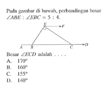 Pada gambar di bawah, perbandingan besar sudut ABE:sudut EBC=5:4. Besar sudut ECD adalah ...