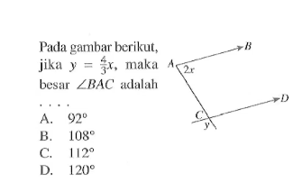 Pada gambar berikut, jika  y=4/3 x, maka besar  sudut BAC adalah ...
