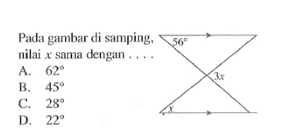 Pada gambar di samping, nilai x sama dengan ...56 3x x A. 62
B. 45
C. 28
D. 22