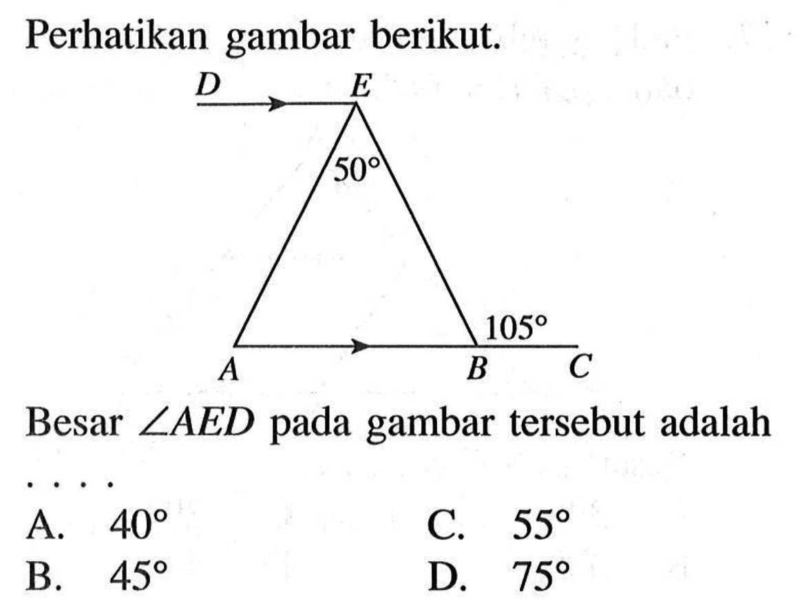 Perhatikan gambar berikut.Besar  sudut AED pada gambar tersebut adalah....