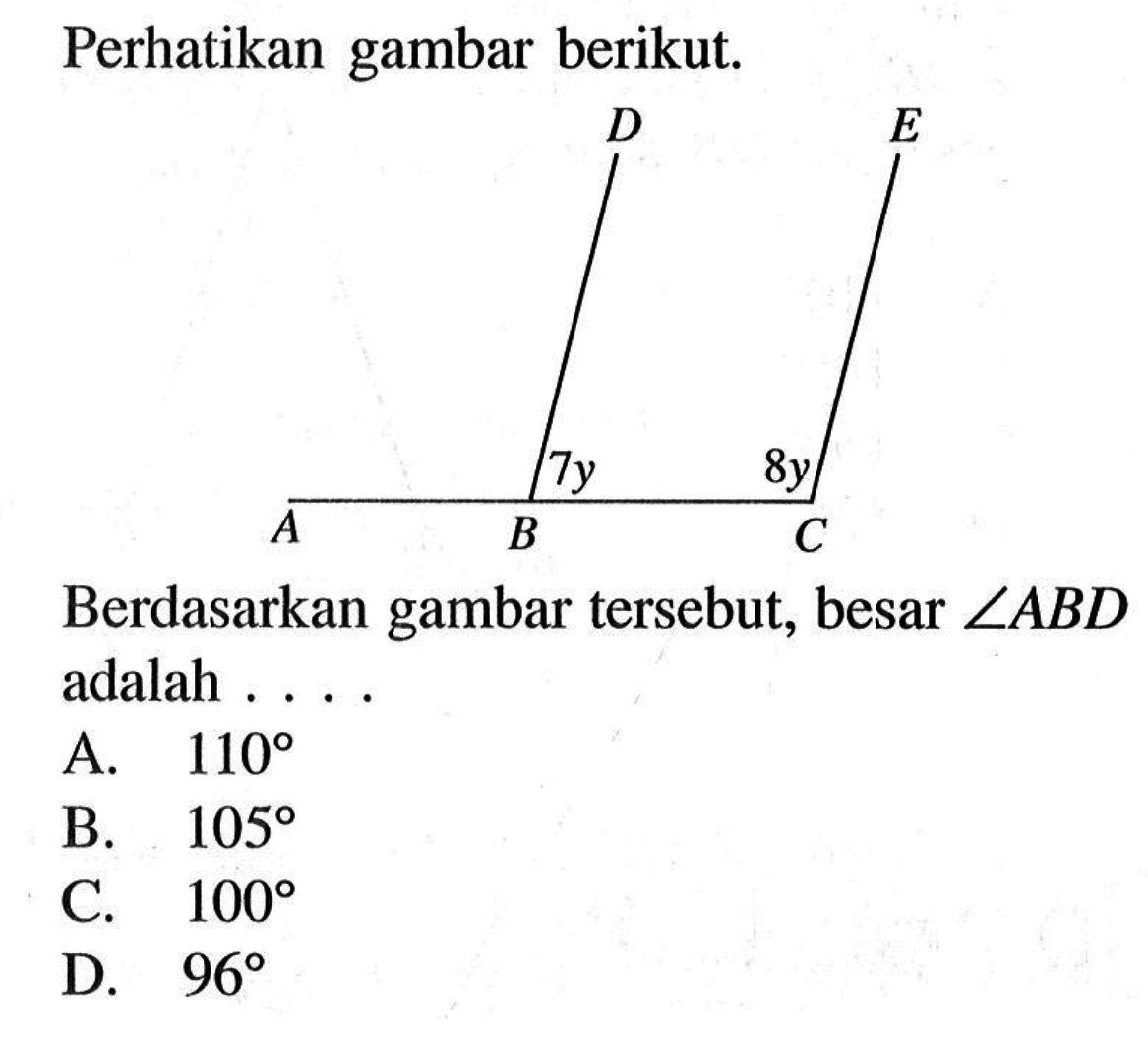 Perhatikan gambar berikut.Berdasarkan gambar tersebut, besar sudut ABD adalah ...