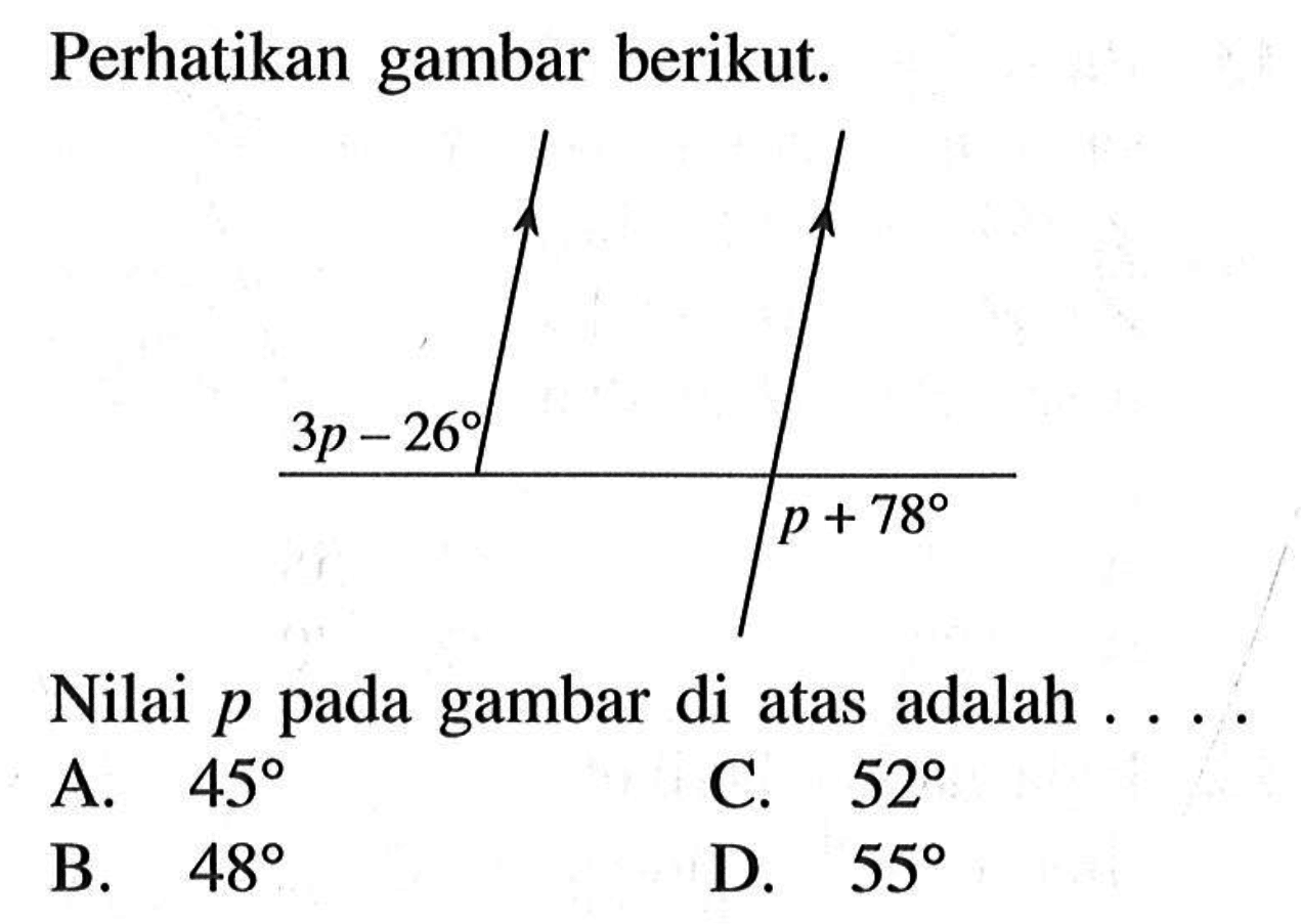 Perhatikan gambar dua garis sejajar berikut. Nilai p pada gambar di atas adalah ....
