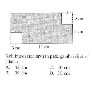 Keliling daerah arsiran pada gambar di atas adalah .... 3 cm 5 cm 3 cm 10 cm