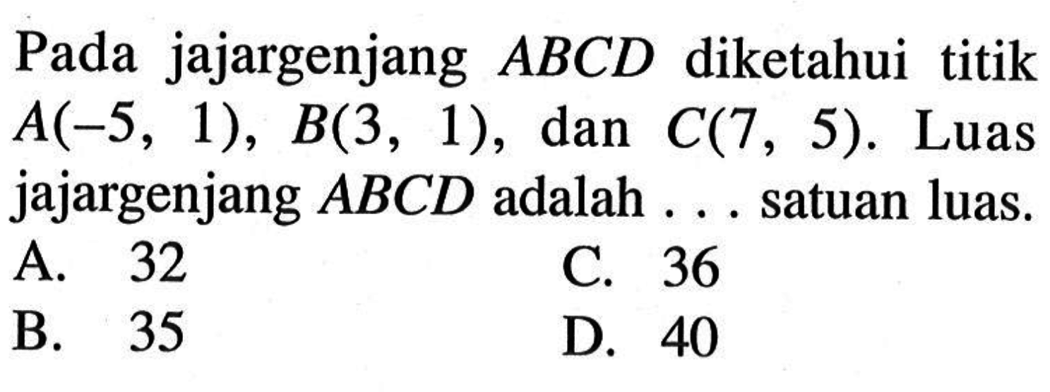 Pada jajargenjang ABCD diketahui titik A(-5,1), B(3,1), dan C(7,5). Luas jajargenjang ABCD adalah...satuan luas.