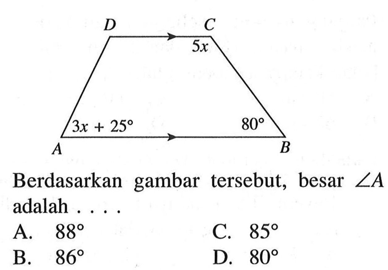 trapesium 3x+25 80 5x Berdasarkan gambar tersebut, besar sudut A adalah ....