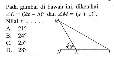 Pada gambar di bawah ini, diketahui sudut L=(2x-5) dan sudut M=(x+1). Nilai x=... 