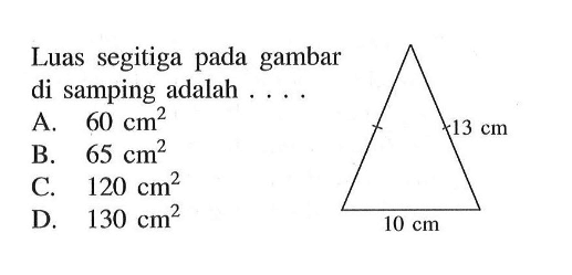 Luas segitiga pada gambar di samping adalah ....10 cm 13 cm