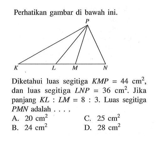 Perhatikan gambar di bawah ini.P K L M NDiketahui luas segitiga KMP=44 cm^2, dan luas segitiga LNP=36 cm^2. Jika panjang KL:LM=8:3. Luas segitiga PMN adalah ...A.  20 cm^2 C.  25 cm^2 B.  24 cm^2 D.  28 cm^2 