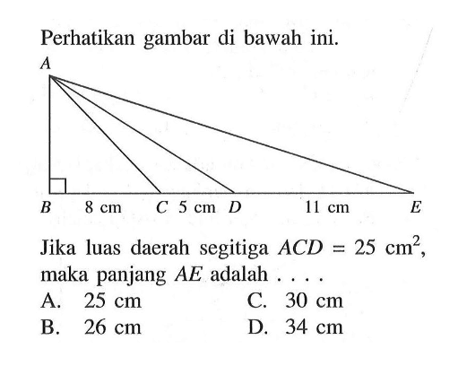 Perhatikan gambar di bawah ini. A B 8 cm C 5 cm D 11 cm E Jika luas daerah segitiga ACD=25 cm^2, maka panjang AE adalah .... 