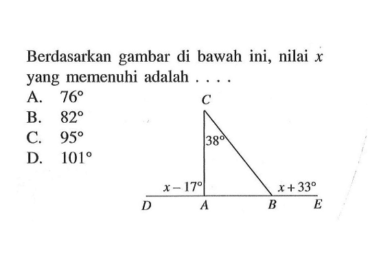 (x-17) 38 (x+33). Berdasarkan gambar di bawah ini, nilai x yang memenuhi adalah ....
A. 76 
B. 82 
C. 95 
D. 101 