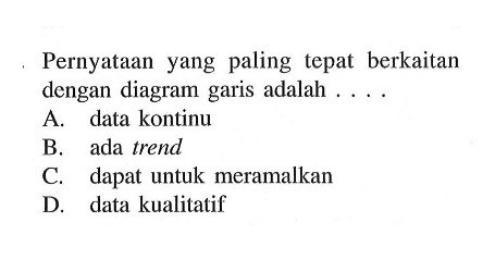 Pernyataan yang paling tepat berkaitan dengan diagram garis adalah ....A. data kontinuB. ada trendC. dapat untuk meramalkanD. data kualitatif 