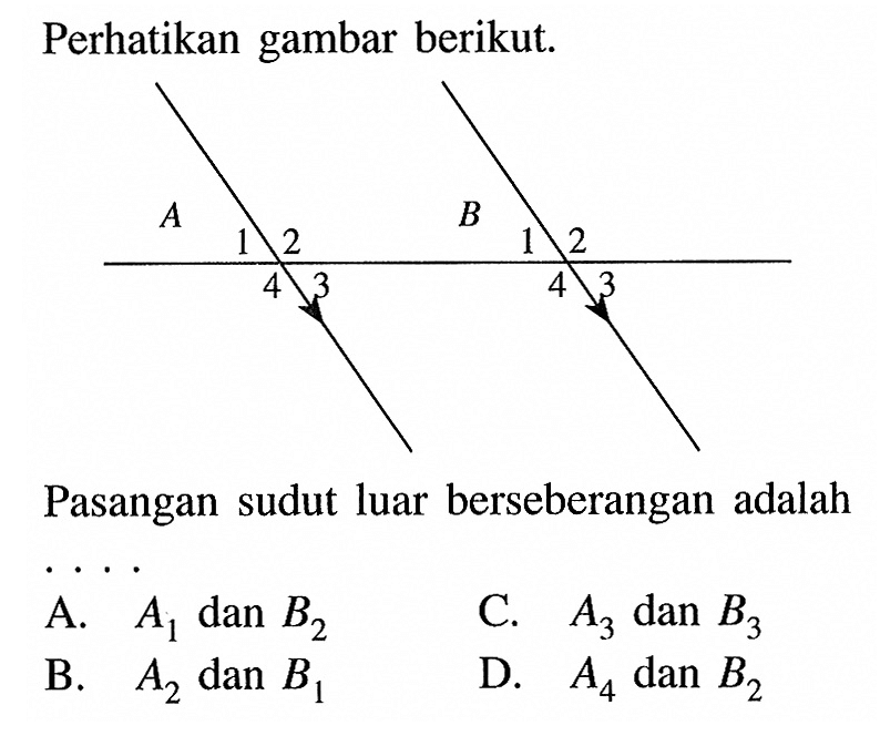 Perhatikan gambar berikut. Pasangan sudut luar berseberangan adalah ....