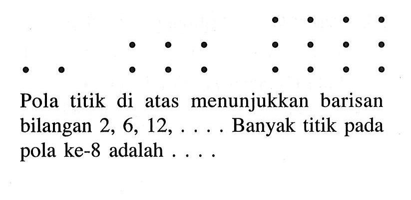 Pola titik di atas menunjukkan barisan bilangan 2, 6, 12, .... Banyak titik pada pola ke-8 adalah .....