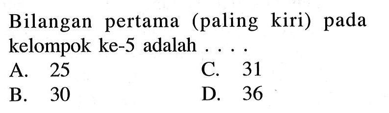 Bilangan pertama (paling kiri) pada kelompok ke-5 adalah 