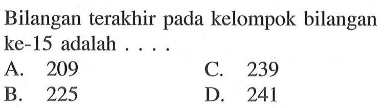 Bilangan terakhir pada kelompok bilangan ke-15 adalah...