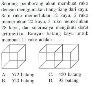 Scorang pemborong akan membuat ruko dengan menggunakan tiang-tiang dari kayu. Satu ruko memerlukan 12 kayu, 2 ruko memerlukan 20 kayu, 3 ruko memerlukan 28 kayu, dan seterushya mengikuti deret aritmetika. Banyak batang kayu untuk membuat 11 ruku adalah.... A. 572 batang C. 450 batang B. 520 batang D. 92 batang