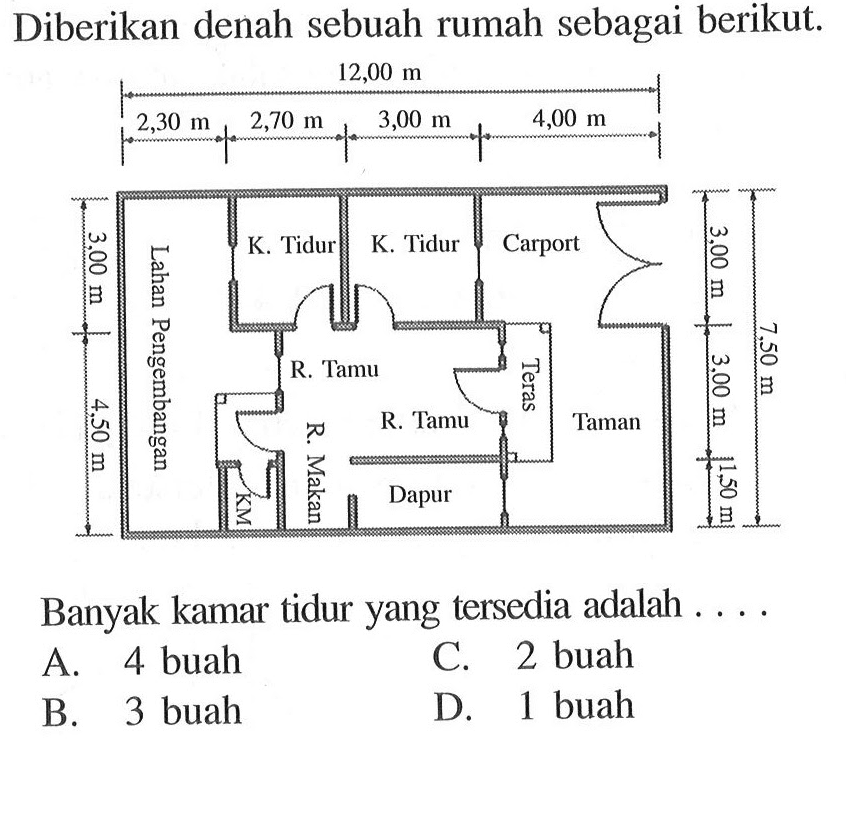 Diberikan denah sebuah rumah sebagai berikut 12,00 m 2,30 m 2,70 m 3,00 m 4,00 m 8 Carport k8 K Tidur K Tidur F 1b 7 Fl R. Tamu 8 8 R Tamu Taman I5 7 3  5 Dapur Banyak kamar tidur yang tersedia adalah 