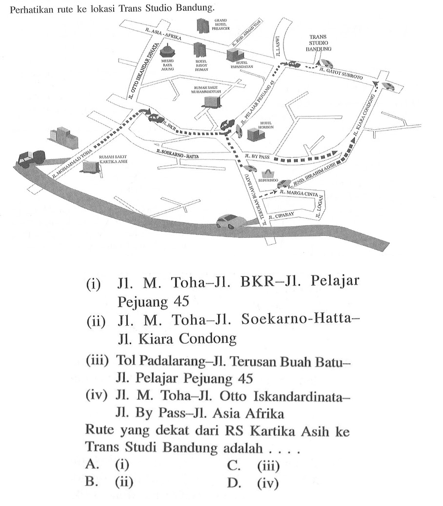 Perhatikan rute ke lokasi Trans Studio Bandung. (i) JI. M. Toha-JI. BKR-JI. Pelajar Pejuang 45 (ii) JL. M. Toha-JI. Soekarno-Hatta-Jl. Kiara Condong (iii) Tol Padalarang-JI. Terusan Buah Batu-Jl. Pelajar Pejuang 45 (iv) Jl. M. Toha-Jl. Otto Iskandardinata-JI. By Pass-JI. Asia Afrika Rute yang dekat dari RS Kartika Asih ke Trans Studi Bandung adalah ....