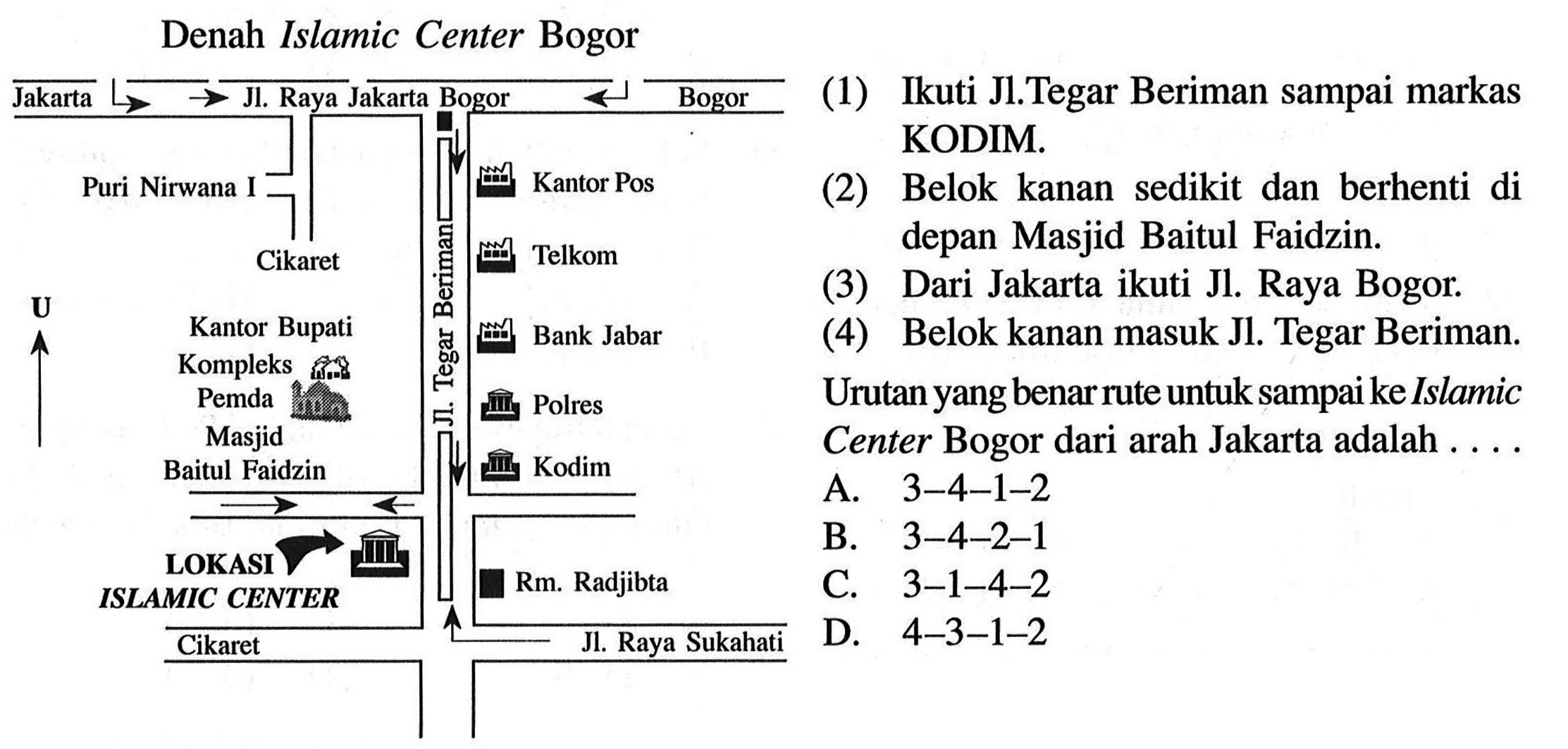 Denah Islamic Center Bogor (1) Ikuti Jl. Tegar Beriman sampai markas KODIM. (2) Belok kanan sedikit dan berhenti di depan Masjid Baitul Faidzin. (3) Dari Jakarta ikuti Jl. Raya Bogor. (4) Belok kanan masuk Jl. Tegar Beriman. Urutan yang benar rute untuk sampai ke Islamic Center Bogor dari arah Jakarta adalah ....