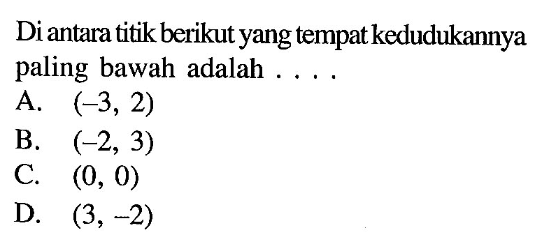 Diantara titik berikut yang tempat kedudukannya paling bawah adalah