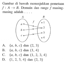 Gambar di bawah menunjukkan pemetaan f ; A -> B.Domain dan range masing- masing adalah... A a b c f B 1 2 3 4 A. {a, b, c} dan {2, 3} b.. {a, b, c} dan {1, 4} c. {a, b, c} dan {1, 2, 3, 4} d. {1, 2, 3, 4} dan {2, 3}