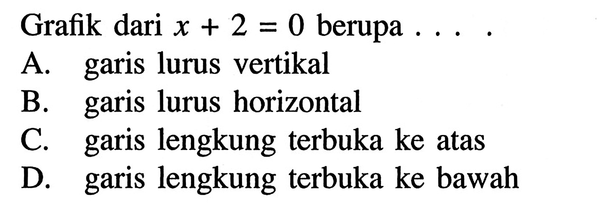 Grafik dari x + 2 = 0 berupa.... a. garis lurus vertikal b. garis lurus horizontal C. garis lengkung terbuka ke atas D. garis lengkung terbuka ke bawah