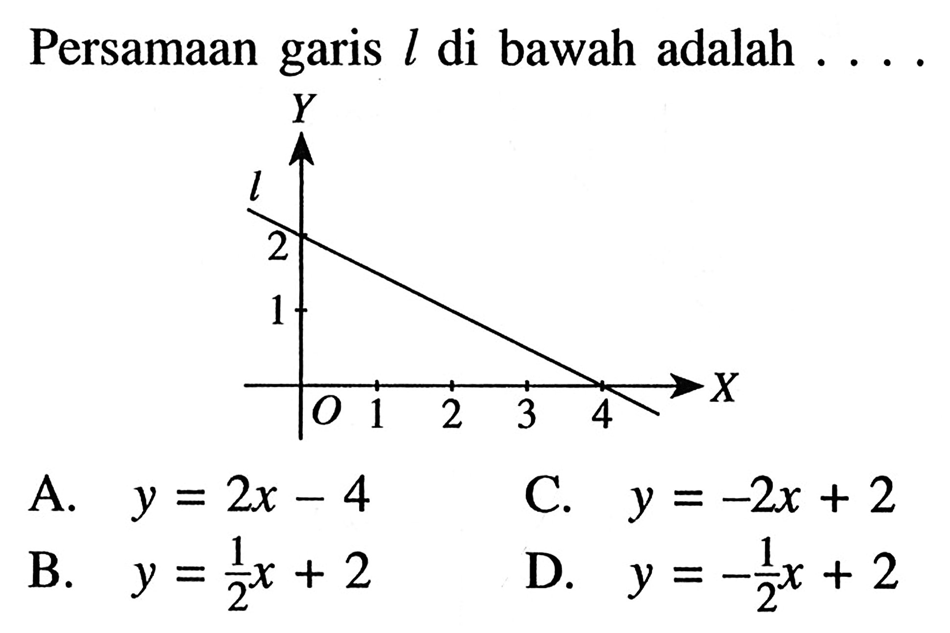 Persamaan garis l di bawah adalah.... A. y = 2x - 4 C. y = -2x + 2 B. y = 1/2 x + 2 D. y = -1/2 x + 2