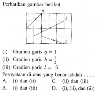 Perhatikan gambar berikut. (i) Gradien garis q = 1 (ii) Gradien garis h = 1/2 (iii) Gradien garis l = -3 Pernyataan di atas yang benar adalah .... A. (i) dan (ii) B. (i) dan (iii) C. (ii) dan (iii) D. (i), (ii), dan (iii)