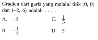 Gradien dari garis yang melalui titik (0, 0) dan (-2, 6) adalah .... A. -3 B. - 1/3 C. 1/3 D. 3