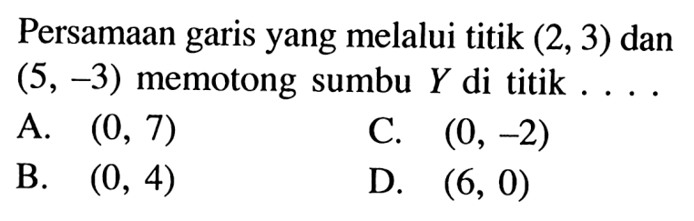 Persamaan garis yang melalui titik (2,3) dan (5,-3) memotong sumbu Y di titik . . . .