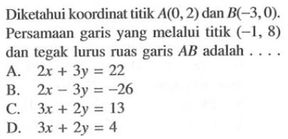 Diketahui koordinat titik A(0,2) dan B(-3,0). Persamaan garis yang melalui titik (-1, 8) dan tegak lurus ruas garis AB adalah...