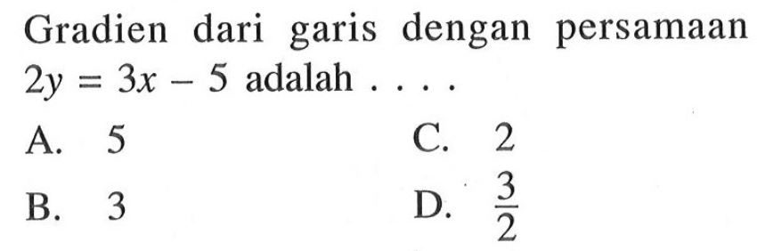 Gradien dari garis dengan persamaan 2y=3x-5 adalah ....