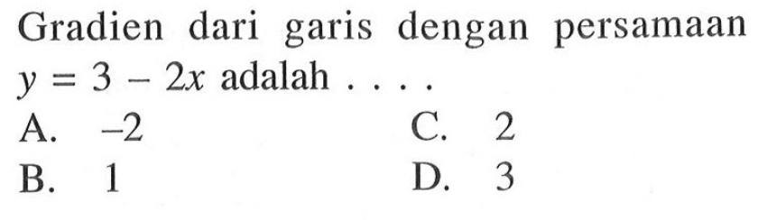 Gradien dari garis dengan persamaan y = 3 - 2x adalah.... A. -2 C. 2 B. 1 D. 3