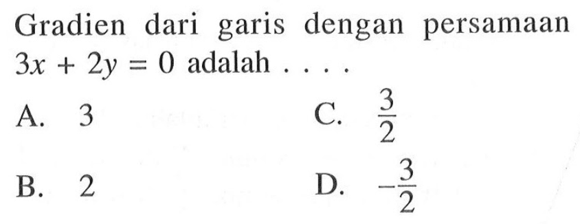 Gradien dari garis dengan persamaan 3x + 2y = 0 adalah ....