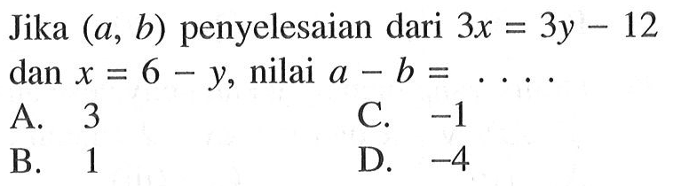 Jika (a, b) penyelesaian dari 3x = 3y -12 dan x = 6 -Y, nilai a - b = A. 3 C.-1 B. 1 D -4