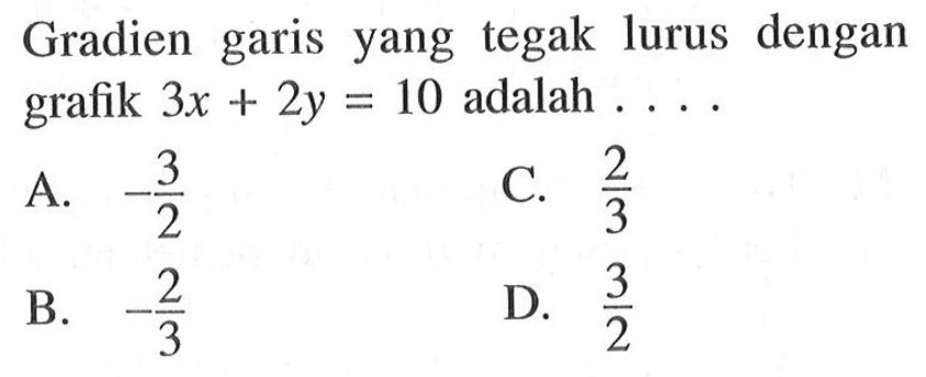 Gradien garis yang tegak lurus dengan grafik 3x + 2y = 10 adalah ... A. -3/2 B. -2/3 C. 2/3 D. 3/2