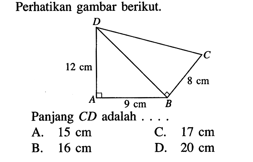 Perhatikan gambar berikut. D C 12 cm A 8 cm A 9 cm BPanjang CD adalah ...