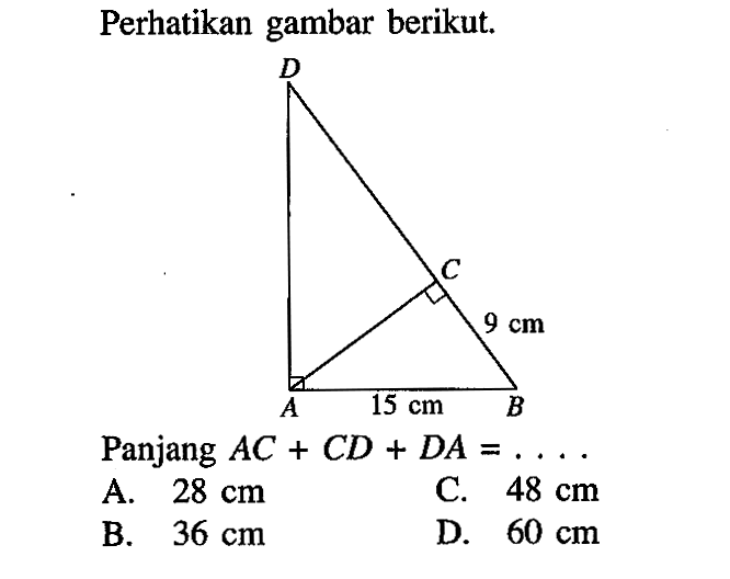 Perhatikan gambar berikut. D C 9 cm A 15 cm B Panjang AC+CD+DA=... A. 28 cm C. 48 cm B. 36 cm D. 60 cm