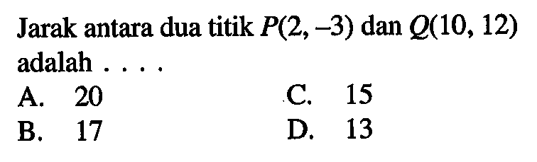 Jarak antara dua titik  P(2,-3) dan Q(10,12) adalah...