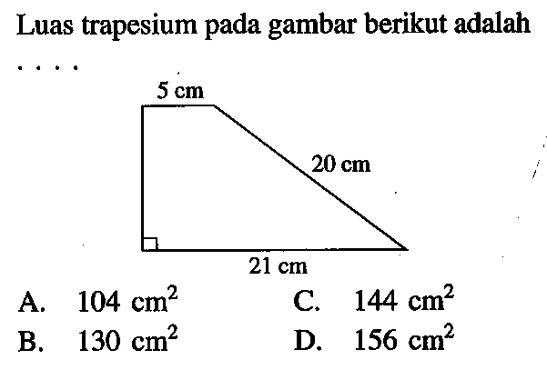 Luas trapesium pada gambar berikut adalah 5 cm 20 cm 21 cm 