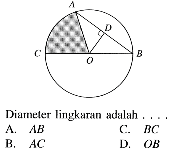 Diameter lingkaran adalah ....A.  AB C.  BC B.  AC D.  OB 