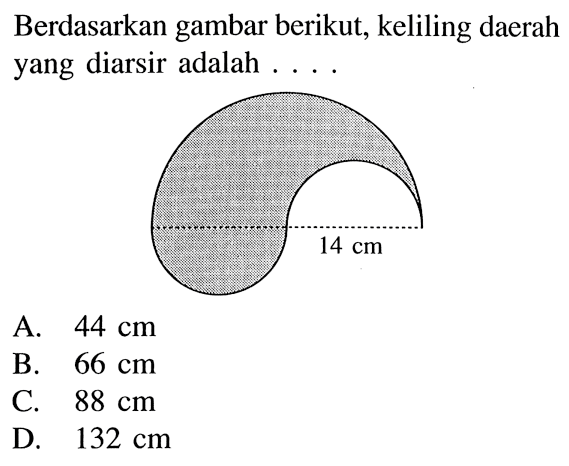 Berdasarkan gambar berikut, keliling daerah yang diarsir adalah....