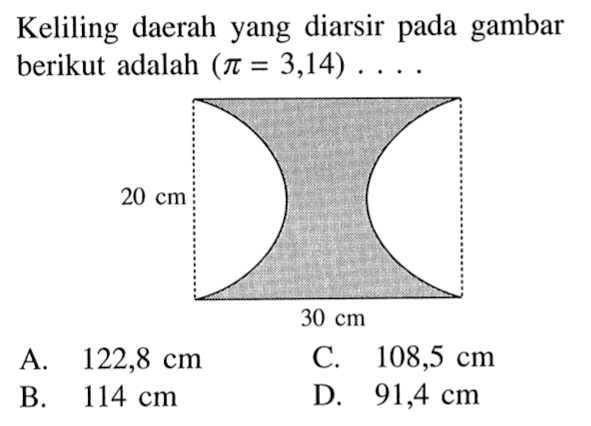 Keliling daerah yang diarsir pada gambar berikut adalah  (pi=3,14) .... 