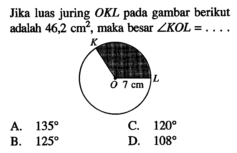 Jika luas juring OKL pada gambar berikut adalah 46,2 cm^2, maka besar sudut KOL=... 